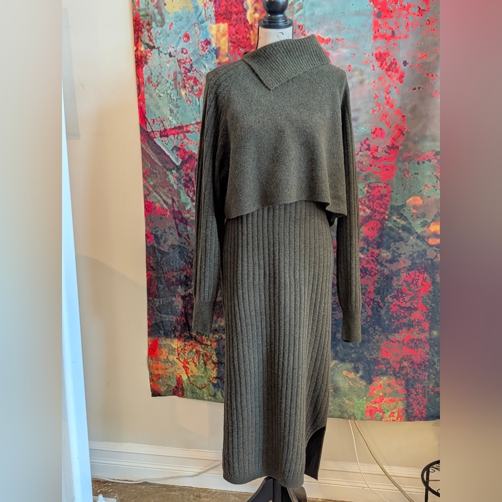 Green Allsaints Margetta 2-in-1 Ribbed Midi Dress (L) - Picture 2 of 12